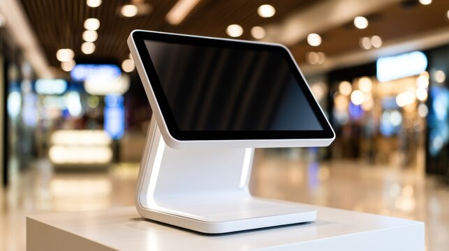 A modern, sleek white touch screen POS terminal in a retail environment with a blurred background of a shopping mall.