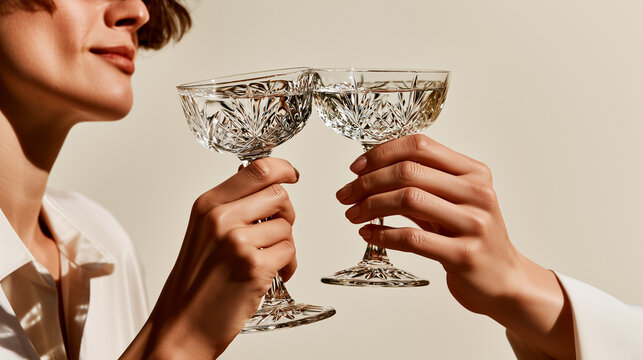 Elegant hands clink crystal coupe glasses in a refined toast, celebrating mindful sober lifestyle, wellness, moderation, and premium botanical drinks at a luxury gathering.