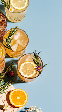 Sophisticated botanical drinks in crystal glasses, garnished with lemon, orange, rosemary, and edible flowers, styled along a soft blue backdrop with copy space.