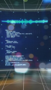 Animation of data processing on screen over cityscape