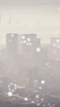 Animation of molecules and data processing over cityscape