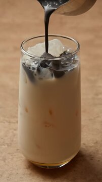 Black sesame paste pours over ice and oat milk in a glass, creating a layered iced black sesame latte with creamy texture.