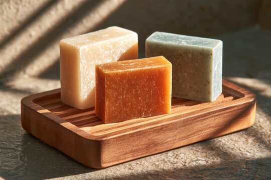 Handcrafted organic bar soaps on a wooden soap dish promoting natural beauty and zero waste hygiene