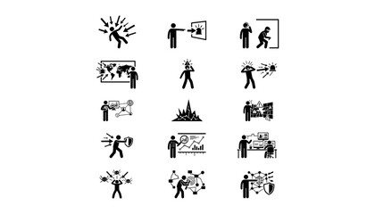 Fototapeta premium Collection of stick figure icons representing cybersecurity and digital threats