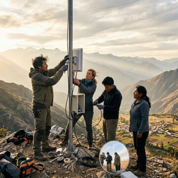 Team of professionals installing communication equipment on mountain for development