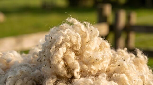 Close Up View of Raw Organic Sheep Wool Pile on Farm Fence