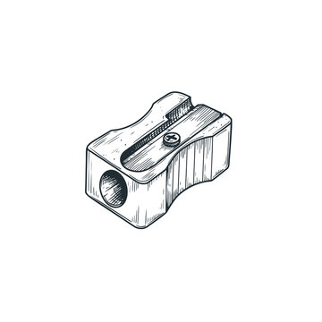 Hand drawn sketch style traditional manual pencil sharpener. Best for educational materials, office supply catalogs, and backtoschool themes. Vector illustration isolated on white.