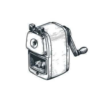 Hand drawn sketch style traditional mechanical pencil sharpener. Best for educational materials, office supply catalogs, and backtoschool themes. Vector illustration isolated on white.