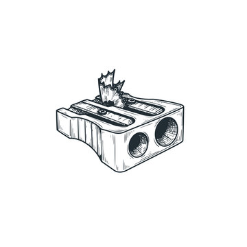 Hand drawn sketch style traditional manual pencil sharpener. Best for educational materials, office supply catalogs, and backtoschool themes. Vector illustration isolated on white.