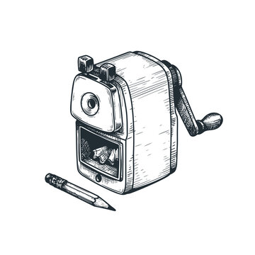 Hand drawn sketch style traditional mechanical pencil sharpener. Best for educational materials, office supply catalogs, and backtoschool themes. Vector illustration isolated on white.