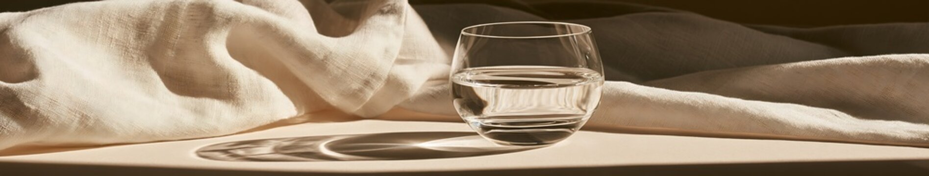 Stemless clear glass of water on a beige tabletop with draped linen background and soft warm shadows