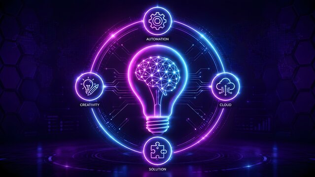 Futuristic artificial intelligence technology concept with glowing neon brain inside light bulb and digital icons for automation cloud creativity and solution