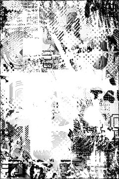 Glitch distorted grungy overlay grange texture. Textured and glitched technology background. Screen print effect .Vector overlay background with a halftone dots screen print texture.

