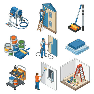 Isometric House Painting Services and Equipment Icon Set: Professional Painters, Tools, Sprayers, and Ladders for Home Renovation and Interior Design