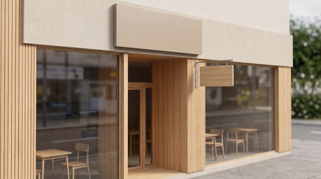 Shop storefront mockup with wooden facade and blank sign
