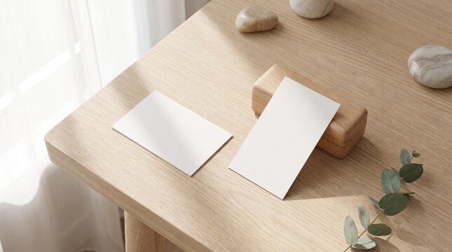 Minimalist stationery mockup with blank cards and eucalyptus on a wooden table