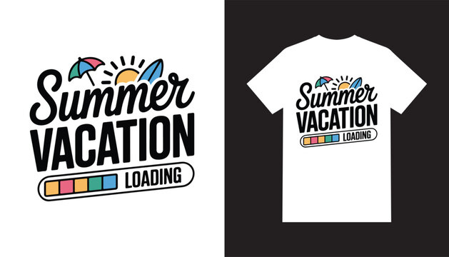 Summer Vacation Loading T-Shirt Design with Tropical Umbrella, Sunshine and Colorful Progress Bar Vector Artwork
