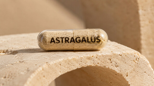 A capsule labeled astragalus sits on a light-colored stone surface. The scene features natural textures and a minimalistic background. The setting appears clean and focused