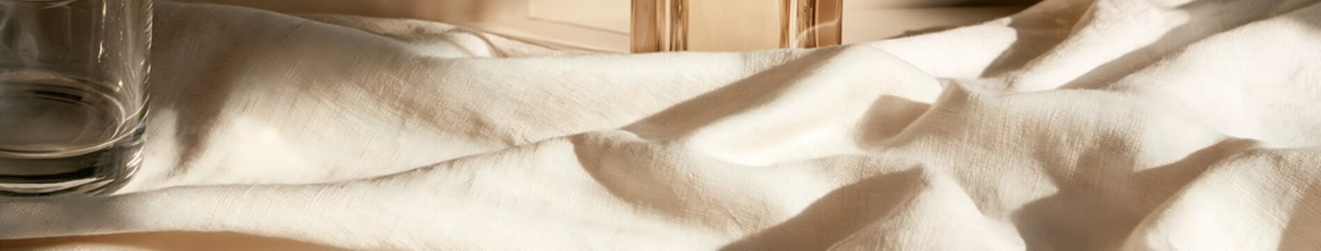 Cream linen fabric background with soft folds, warm directional light and clear glass accents
