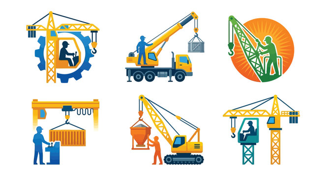 Construction Crane and Heavy Machinery Flat Icon Set