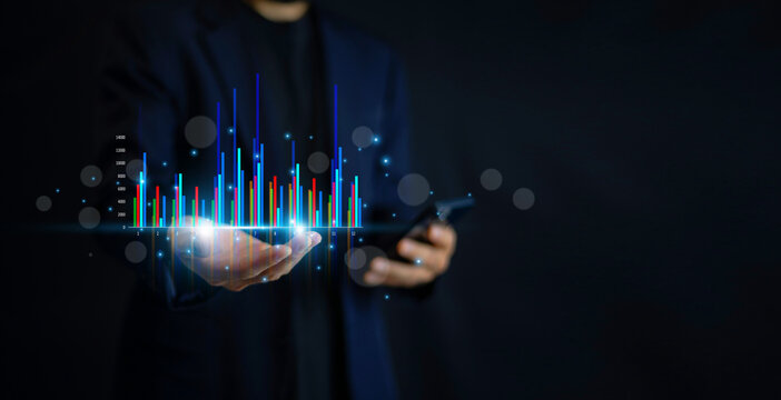 Professional trader analyzing financial charts and forex market trends using AI and Artificial intelligence technology for investment, risk management, and profit growth.