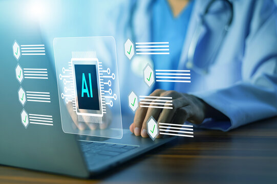 Doctor AI checklist for smart healthcare workflow, using digital technology, medical data analysis, monitoring, diagnostics, and automation to improve hospital management and patient care.