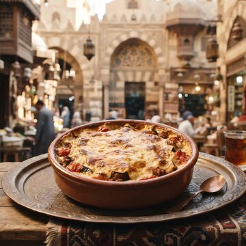 golden-baked Egyptian Moussaka casserole layered with minced beef, eggplants, and rich b�chamel, historic Cairo bazaar architectural background 