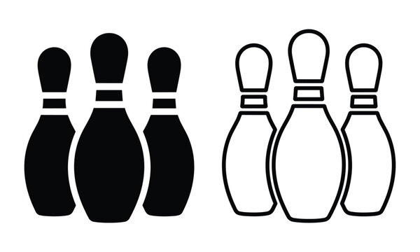 Professional bowling pin icons set featuring solid black silhouettes and clean outline designs isolated on white background.