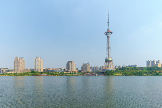Harbin City Skyline with TV Tower Under Blue Sky, China