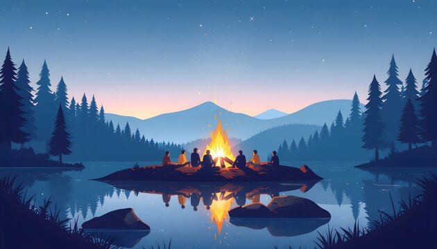 Flat vector illustration of friends gathered around a bonfire on a lakeside cliff at night