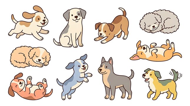 Cute dog vector illustration character set featuring diverse puppies in playful poses like running and sleeping for nursery pet design assets