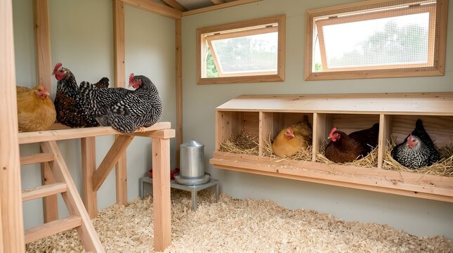 Flock of chickens roosting and nesting inside clean wooden coop interior