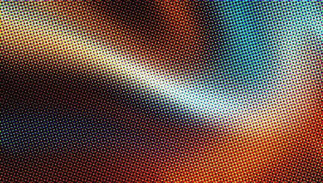Retro halftone gradient background, abstract wave pattern with orange and blue dots, vintage pop art texture for digital design