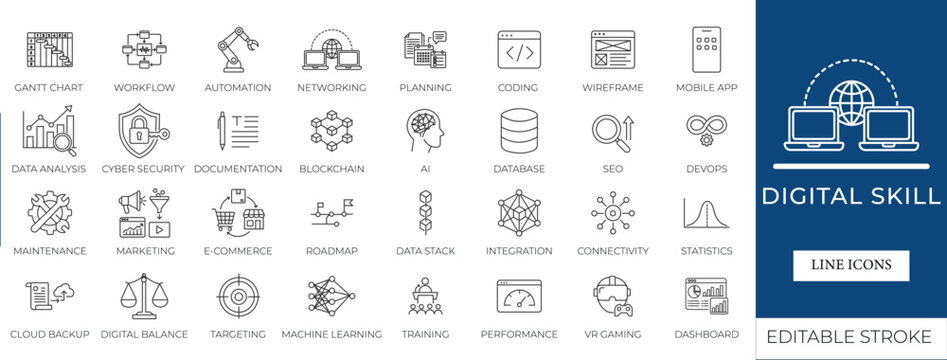Digital skills line icons set for technology, artificial intelligence, automation, machine learning, data analysis, cyber security, coding, thin vector