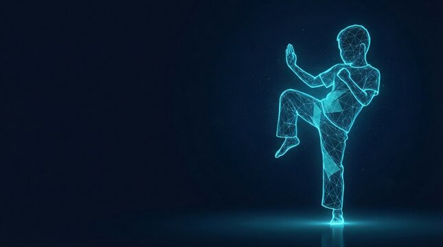 Digital wireframe of a martial artist practicing a kick pose in glowing blue neon technology lines with wireframe hologram futuristic technology illustration