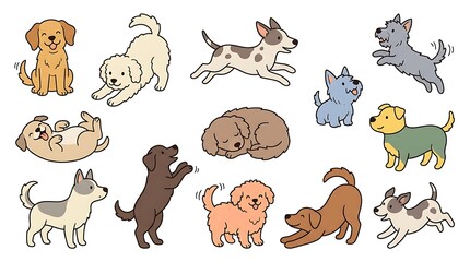 Obraz premium Cute cartoon dog characters set featuring various puppy breeds in different poses including sleeping, running, and sitting vector illustration