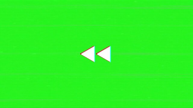 VHS tape distortion overlay with glitch "REWIND" sign on a chroma key background. A retro VCR rewind animation displaying a glitch static effect on a green screen.