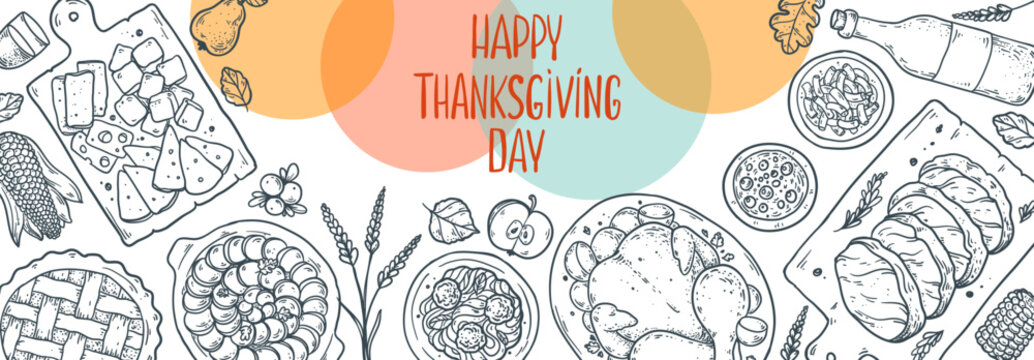 Happy Thanksgiving Day vector banner. Line art with turkey, pie, cheese board and wine bottle on pastel background