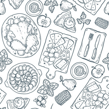 Thanksgiving dinner seamless pattern. Line art with roast turkey, cheese board, pie and coffee on white background