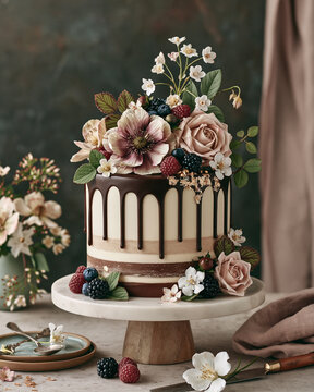 Elegant dessert cake on a marble stand with sugar flowers and chocolate drip. Dramatic lighting highlights luxurious texture and a festive atmosphere