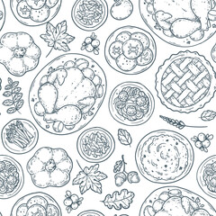 Naklejka premium Thanksgiving dinner seamless pattern. Line art with roast turkey, pumpkin, pie and pasta on white background