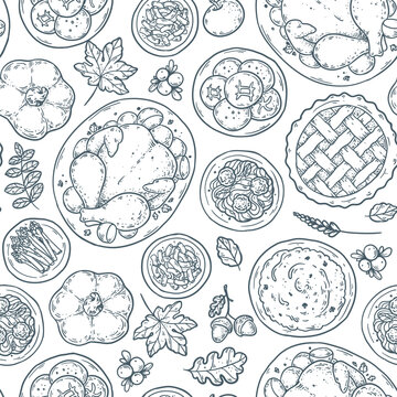 Thanksgiving dinner seamless pattern. Line art with roast turkey, pumpkin, pie and pasta on white background