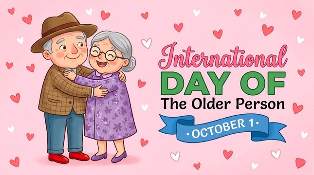 International day of older persons greeting card with loving elderly couple retirement grandfather grandmother