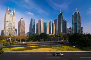 Naklejka premium Downtown Urban Skyline with Modern Architecture and Highway