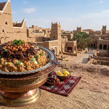 magnificent tiered platter of Saudi Arabian Jareesh cracked wheat dish cooked with meat and rich broth, topped with caramelized onions, scenic Najd traditional heritage village background 