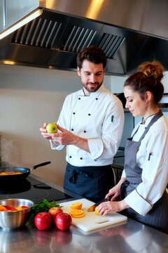 Vertical image of Caucasian male chef holding apple while female chef cuts orange in commercial kitchen. Scene represents culinary training and teamwork for restaurant marketing