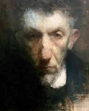 Classical male portrait study with oil painting style, dramatic lighting and dark background