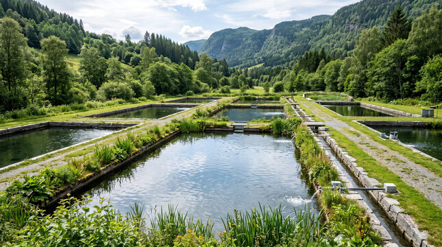 Expansive Outdoor Aquaculture Facility with Multiple Fish Ponds Set Amidst a Serene Green Valley and Lush Mountainous Landscape