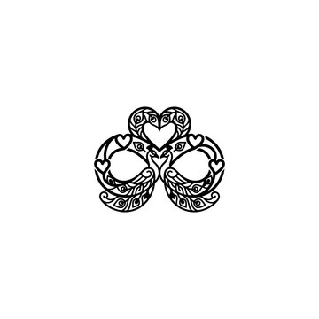 Two swans forming a heart shape, elegant black and white line art illustration.