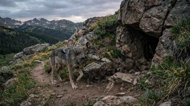 A lone wolf walks on a rocky mountain path near its den.